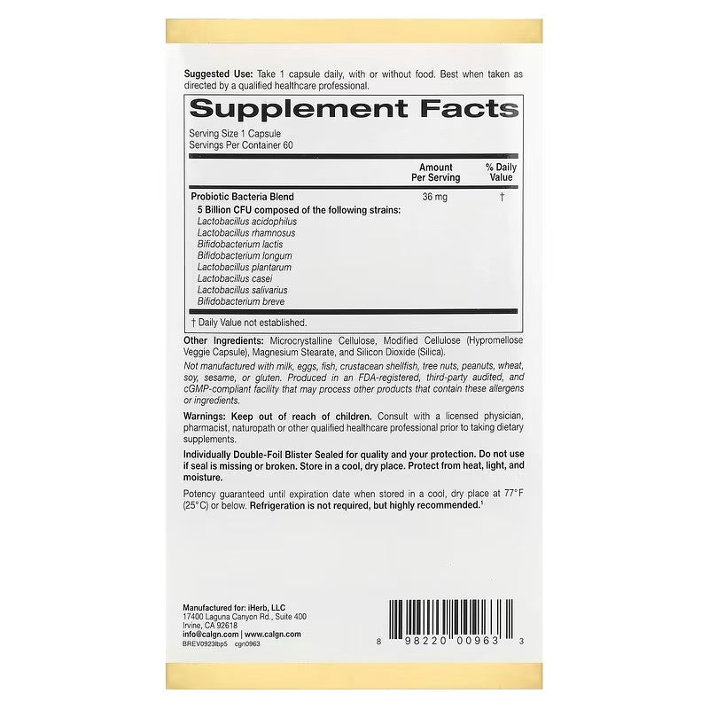 California Gold Nutrition, LactoBif®, 5 probióticos, 5000 millones de UFC, 60 cápsulas vegetales