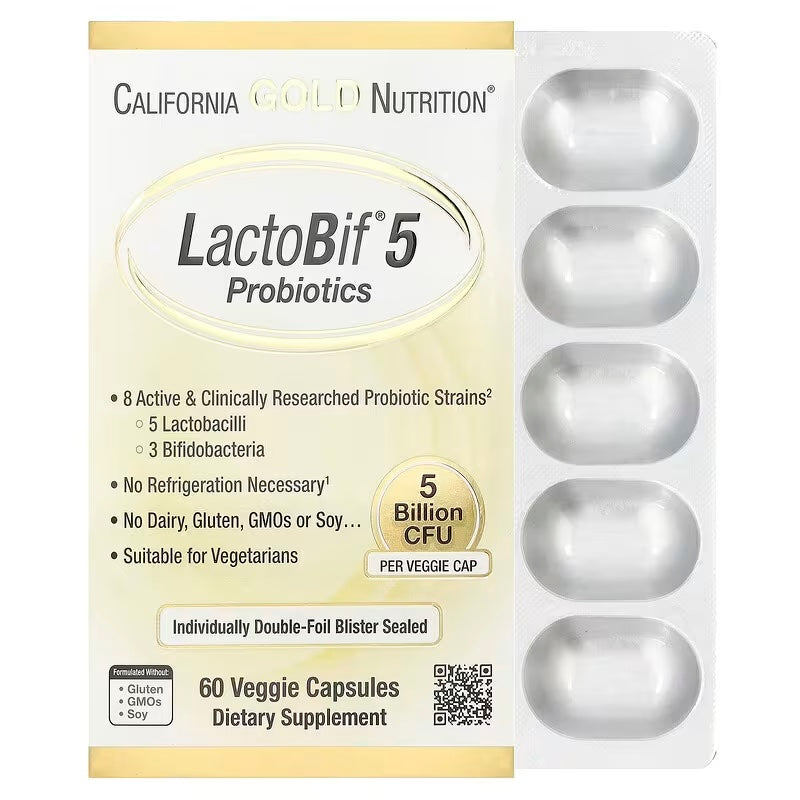 California Gold Nutrition, LactoBif®, 5 probióticos, 5000 millones de UFC, 60 cápsulas vegetales