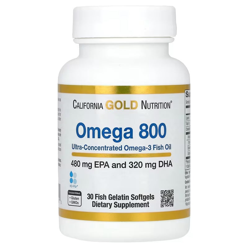 California Gold Nutrition, Omega 800, Aceite de pescado con omega-3 ultraconcentrado, En forma de triglicéridos KD-Pür, 1000 mg, 30 cápsulas blandas de gelatina de pescado