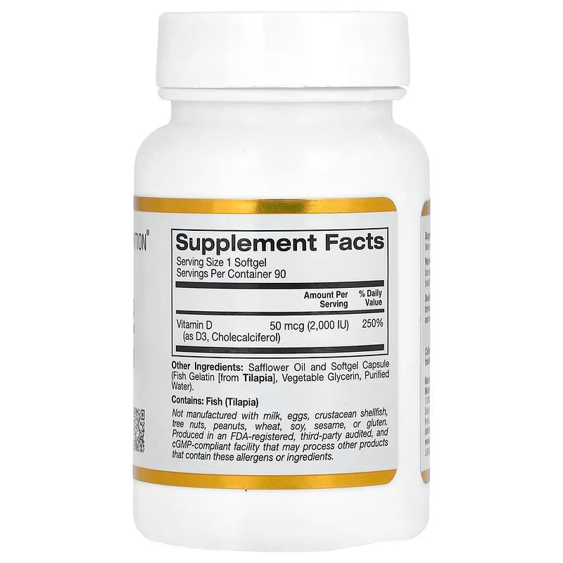 California Gold Nutrition, Vitamina D3, 50 mcg (2000 UI), 90 cápsulas blandas de gelatina de pescado
