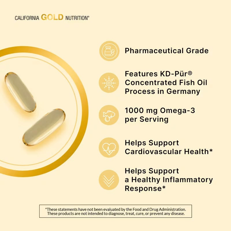 California Gold Nutrition, Omega 800, Aceite de pescado con omega-3 ultraconcentrado, En forma de triglicéridos KD-Pür, 1000 mg, 30 cápsulas blandas de gelatina de pescado