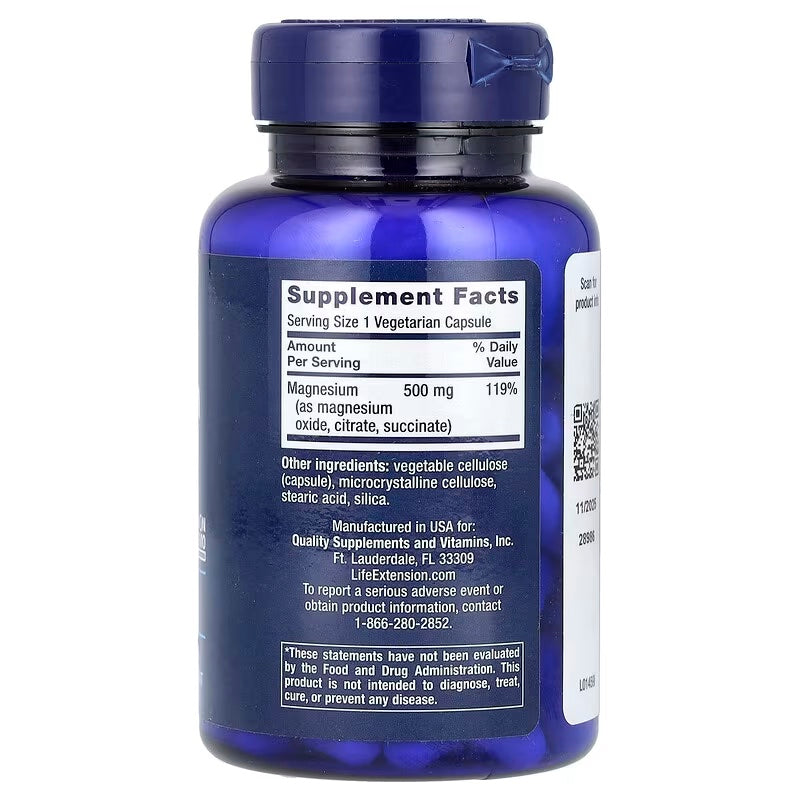 Life Extension, Magnesio en cápsulas, 500 mg, 100 cápsulas vegetales