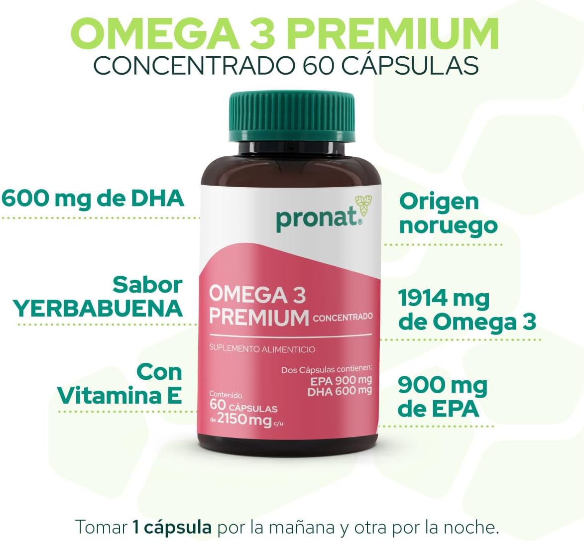 PRONAT | Omega 3 Premium Concentrado, Suplemento Alimenticio, 60 Cápsulas con 900 mg de EPA, 600 mg de DHA y Vitamina E