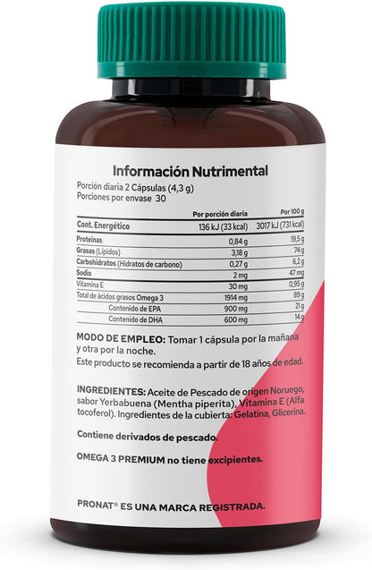 PRONAT | Omega 3 Premium Concentrado, Suplemento Alimenticio, 60 Cápsulas con 900 mg de EPA, 600 mg de DHA y Vitamina E