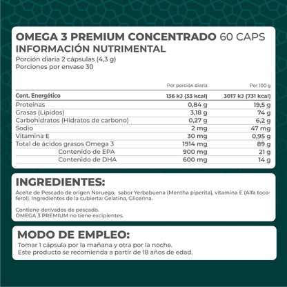 PRONAT | Omega 3 Premium Concentrado, Suplemento Alimenticio, 60 Cápsulas con 900 mg de EPA, 600 mg de DHA y Vitamina E