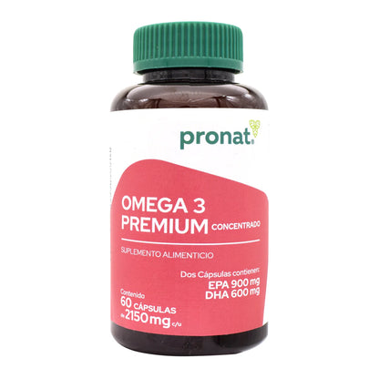 PRONAT | Omega 3 Premium Concentrado, Suplemento Alimenticio, 60 Cápsulas con 900 mg de EPA, 600 mg de DHA y Vitamina E