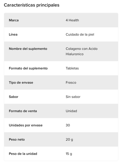 Colágeno Con Ácido Hialurónico 30 Tabletas 4 Health